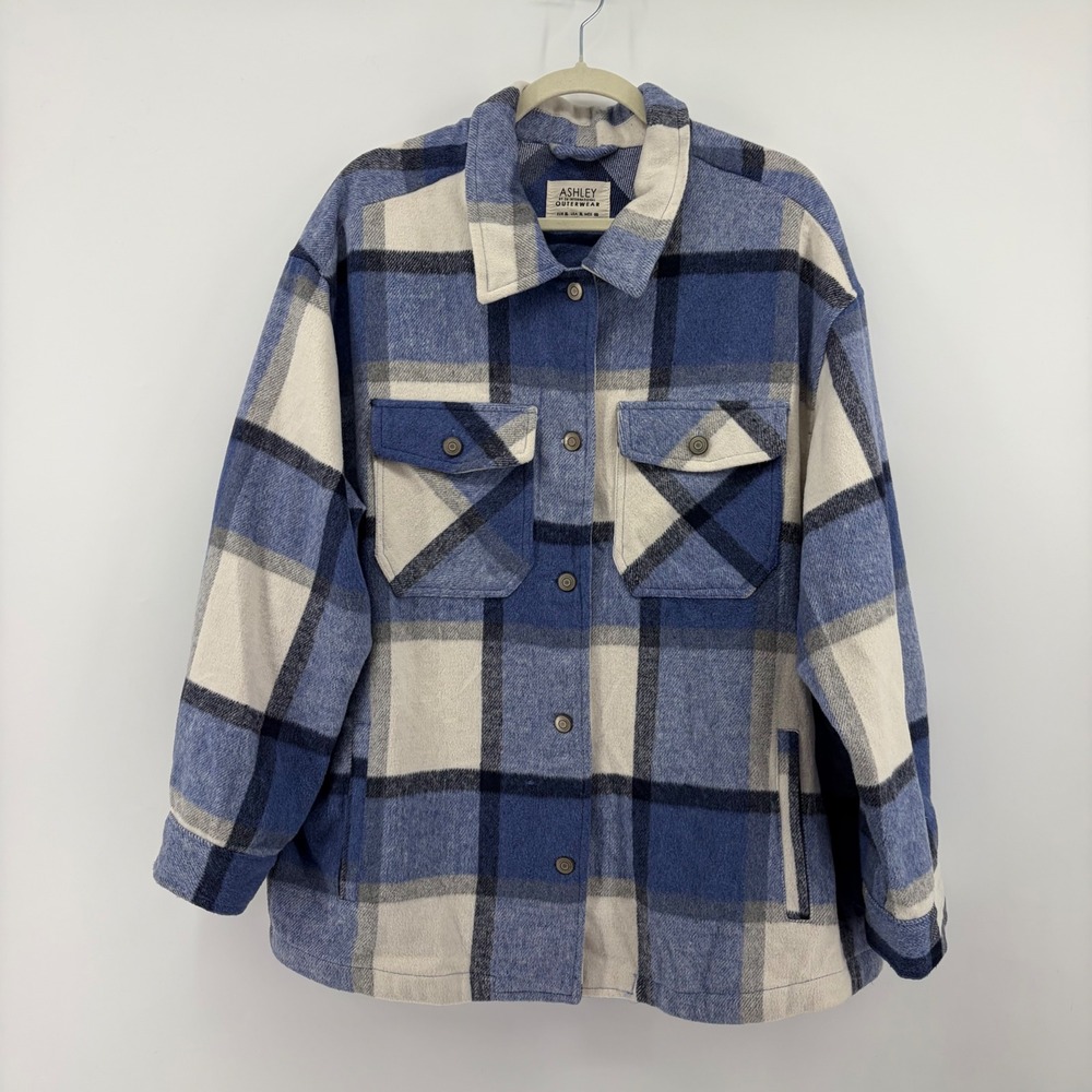 Ashley Womens XL Blue Plaid Shacket Oversized Button Front Shirt Jacket Pocket